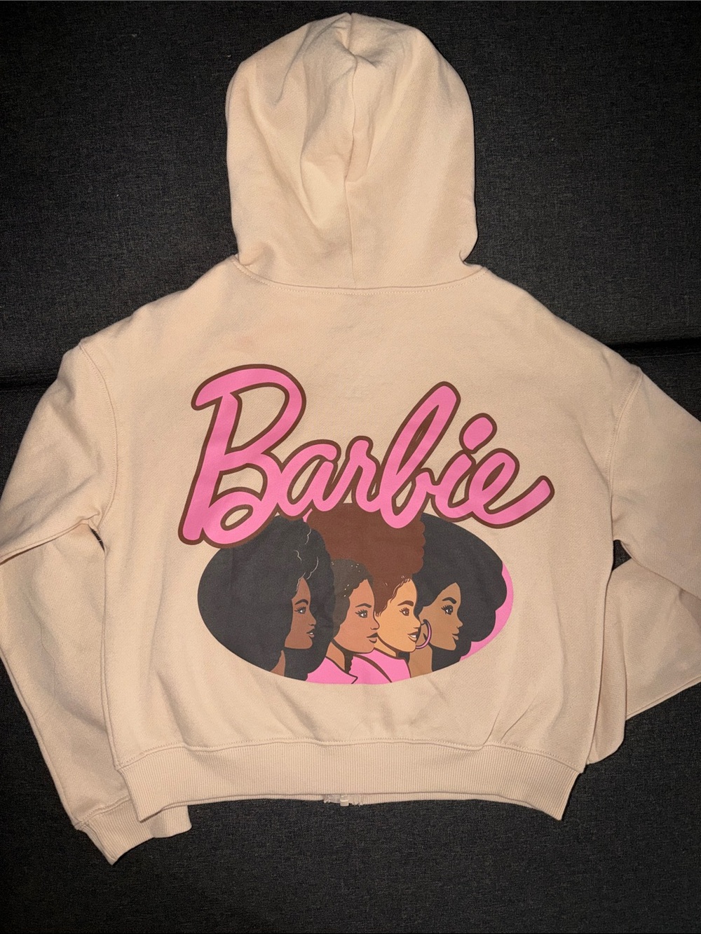 Barbie Mattel Women’s Zip Up Hoodie Beige Pink Graphic Size Small